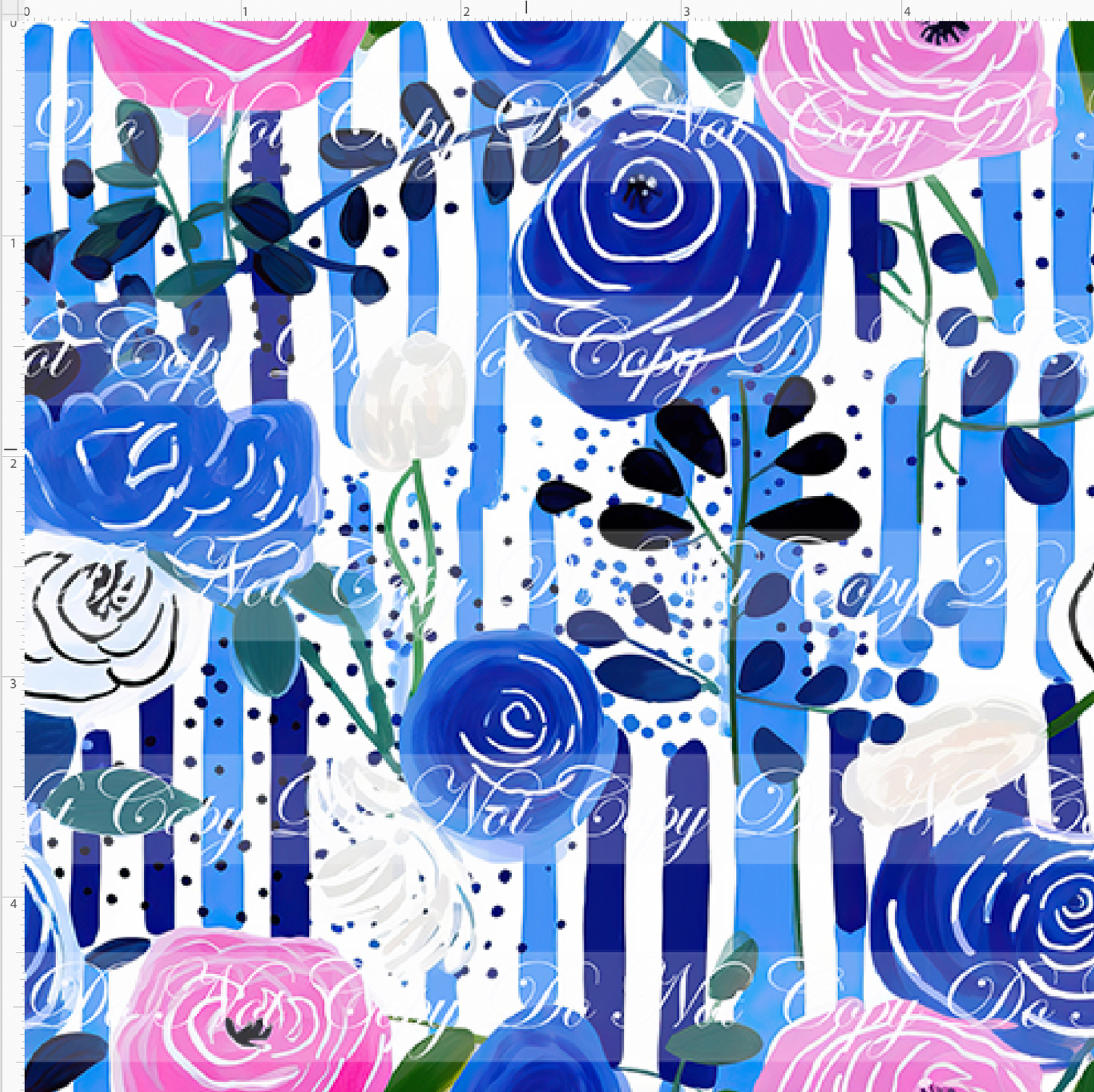 Bold Florals - Pink Blue Roses Vertical Stripes - SMALL SCALE