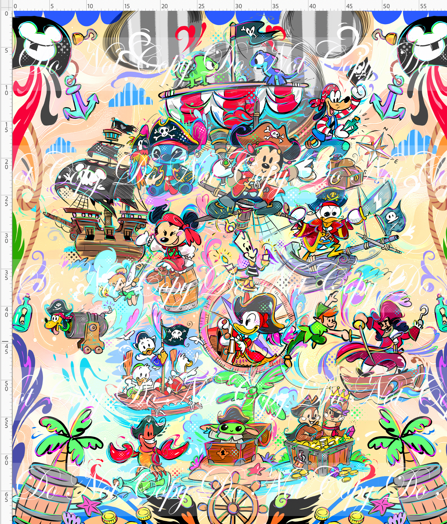 Kawaii Pirates - Full Size Blanket Panel 58W x 72H - Tan