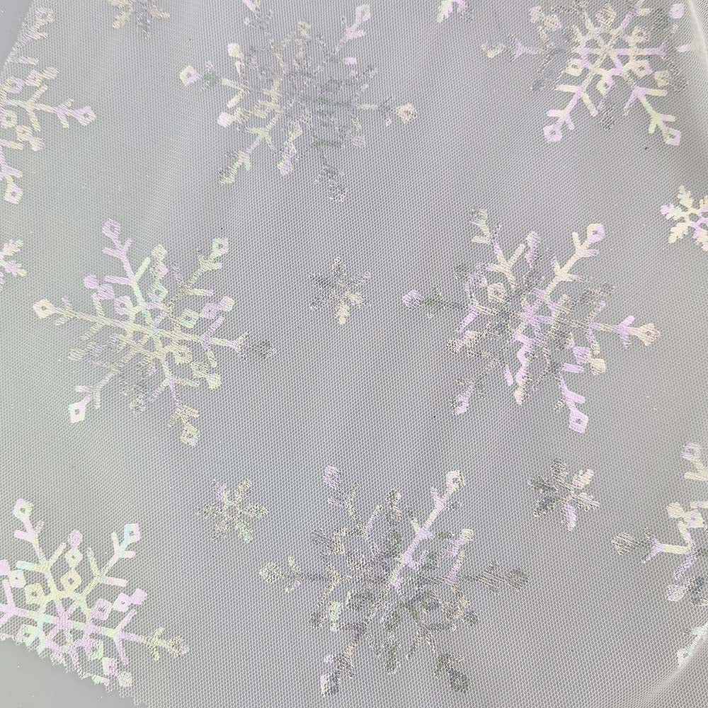 Tulle : Winter Irridescent Snowflakes on white