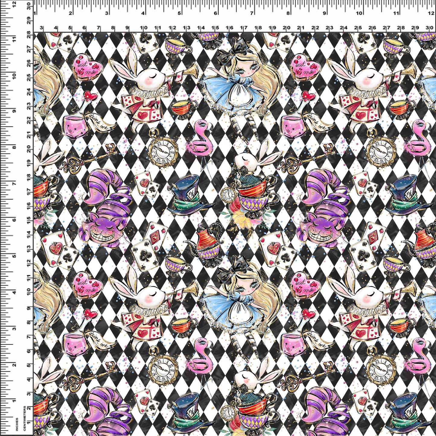 R107 Wonderland Tea Party - Main Toss -Black and White Harlequin - SMALL SCALE