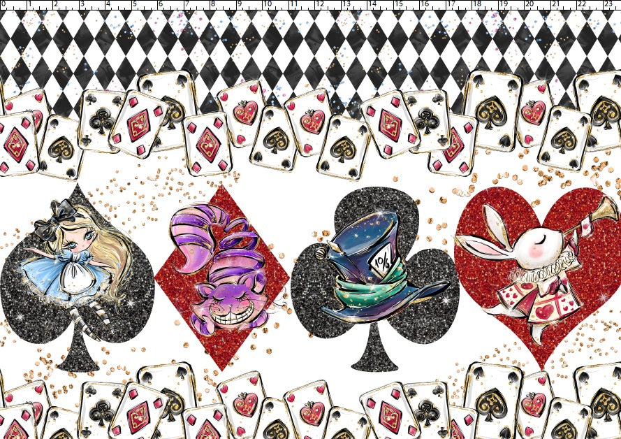 R107 Wonderland Tea Party - White Deck of Cards Double Border