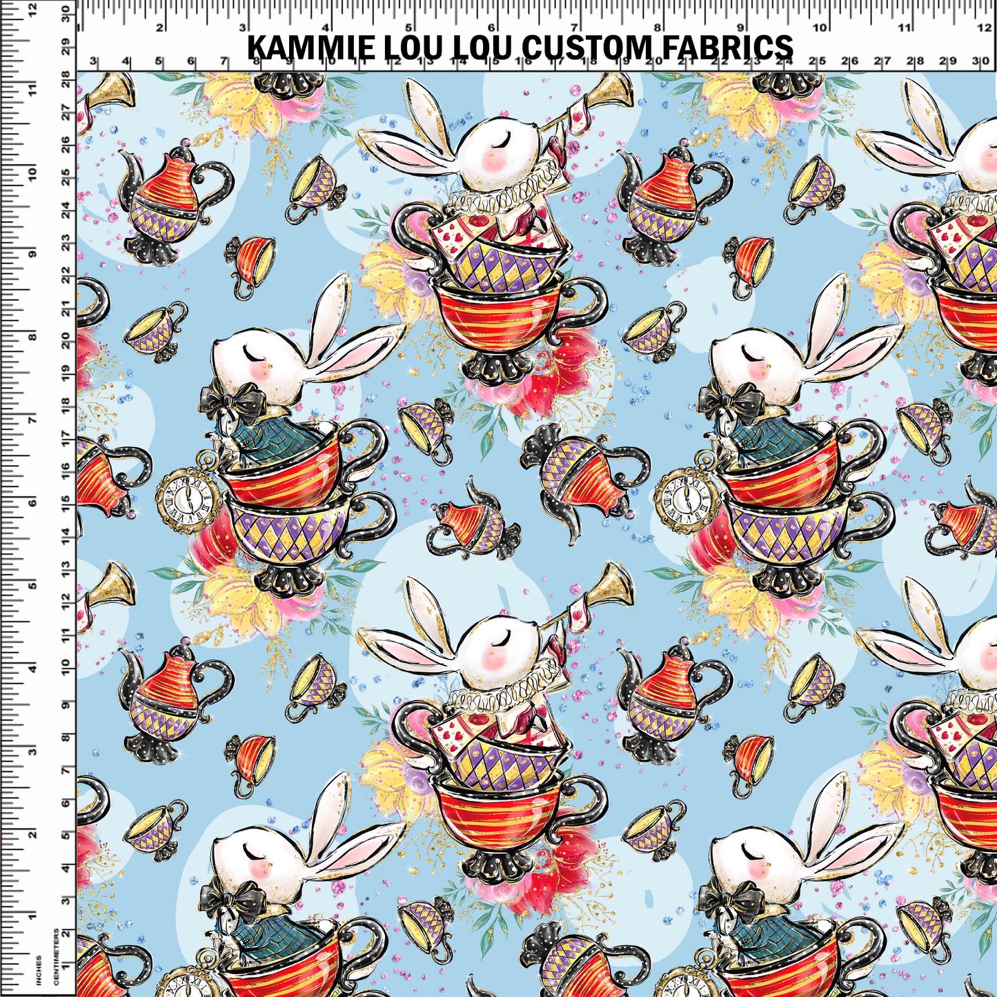 R107 Wonderland Tea Party - Stacked Rabbits Blue