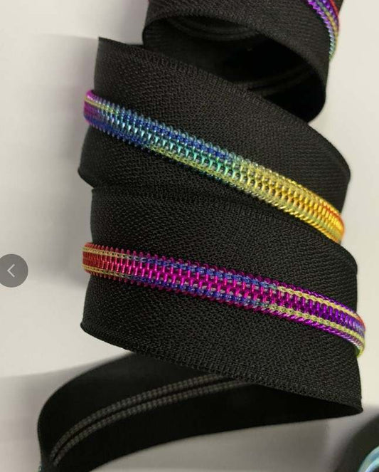 Hardware : ZIPPER - Long Chain - Black Tape with Rainbow Coil/Teeth - #3 or #5 (019)
