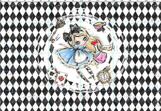 R107 Wonderland Tea Party - Panel 2 - Black and White Falling - adult
